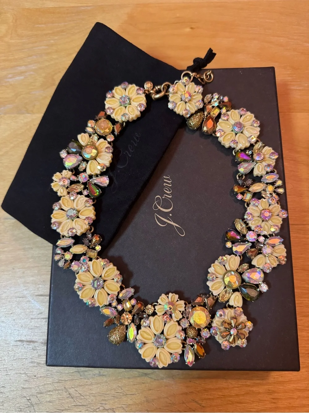 RARE J. Crew Iridescent Crystal Floral Statement Bib Necklace Box & Bag NWOT